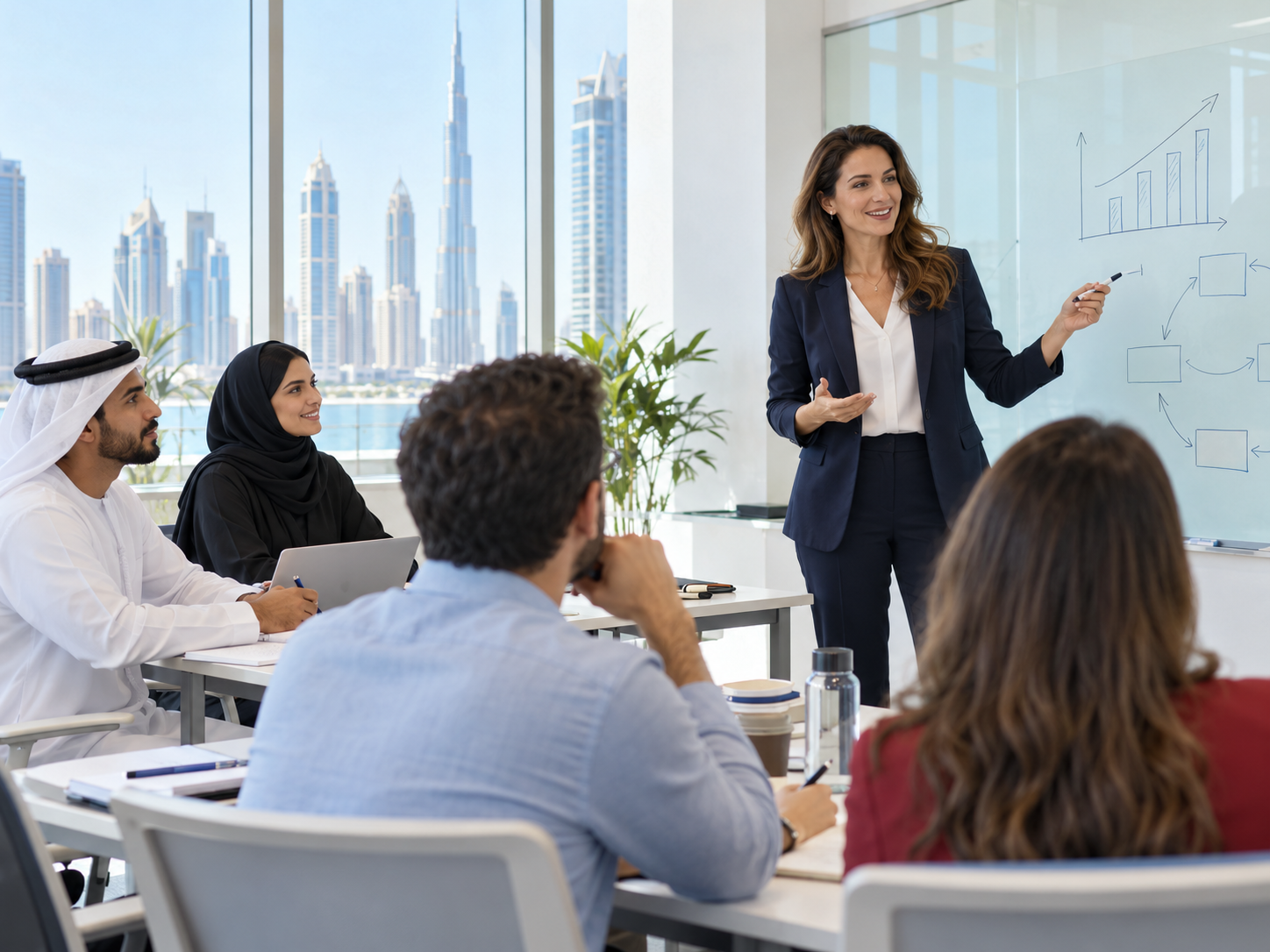 A trainer supporting adult learners in a bright Dubai classroom